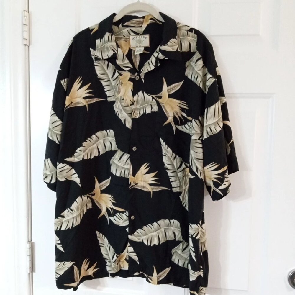 HIBISCUS HAWAII Men's Button Up Hawaiian Size XXL Shirt Black Floral 100% Rayon